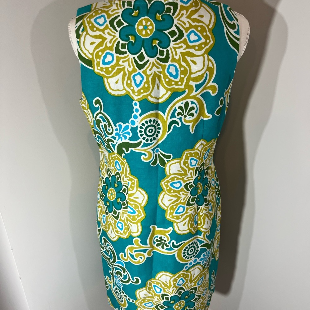 Taylor Women’s Size 10 Linen Silk Blend Zip Front Shift Dress Floral Teal Green - Picture 9 of 10
